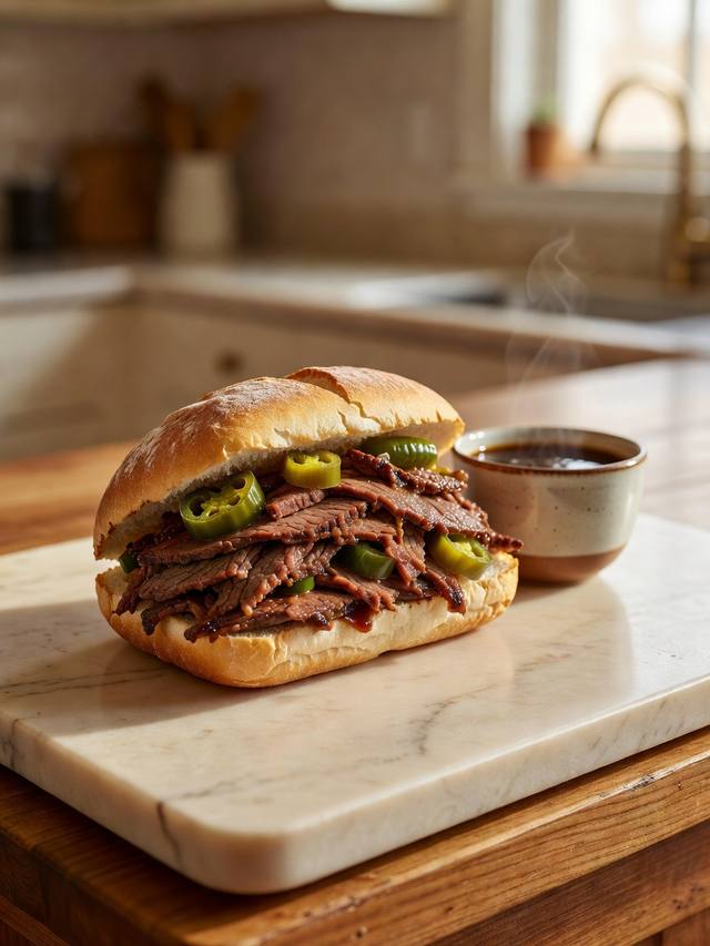 Italian beef on a crusty roll with pepperoncini and a cup of jus