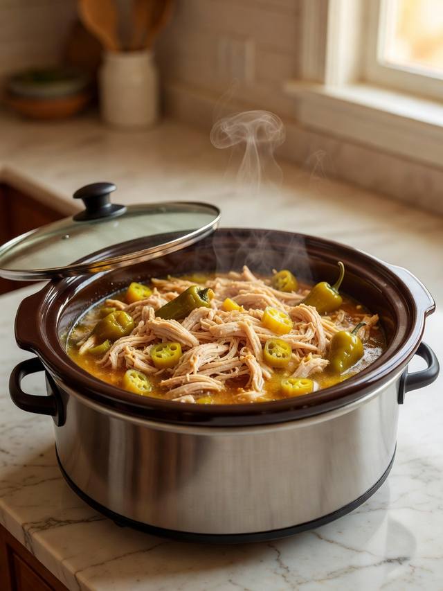 Shredded chicken in a slow cooker with pepperoncini peppers and a buttery sauce