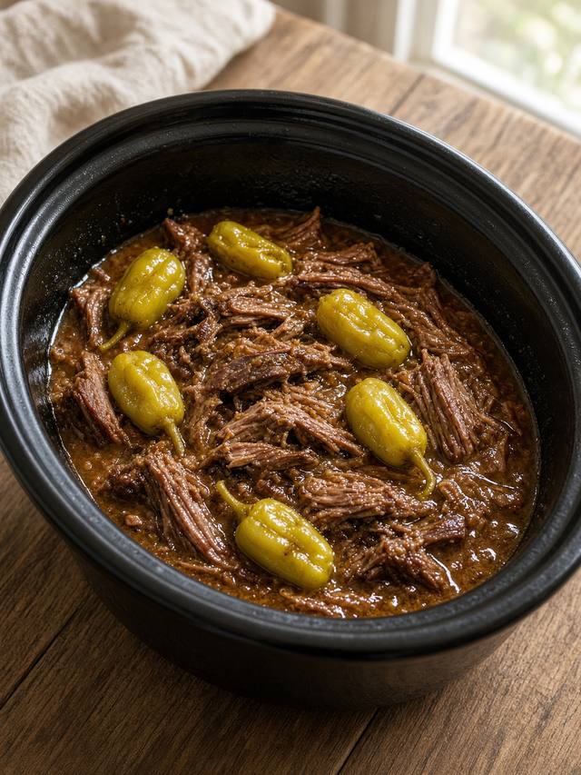 Shredded Mississippi pot roast with pepperoncini in a slow cooker