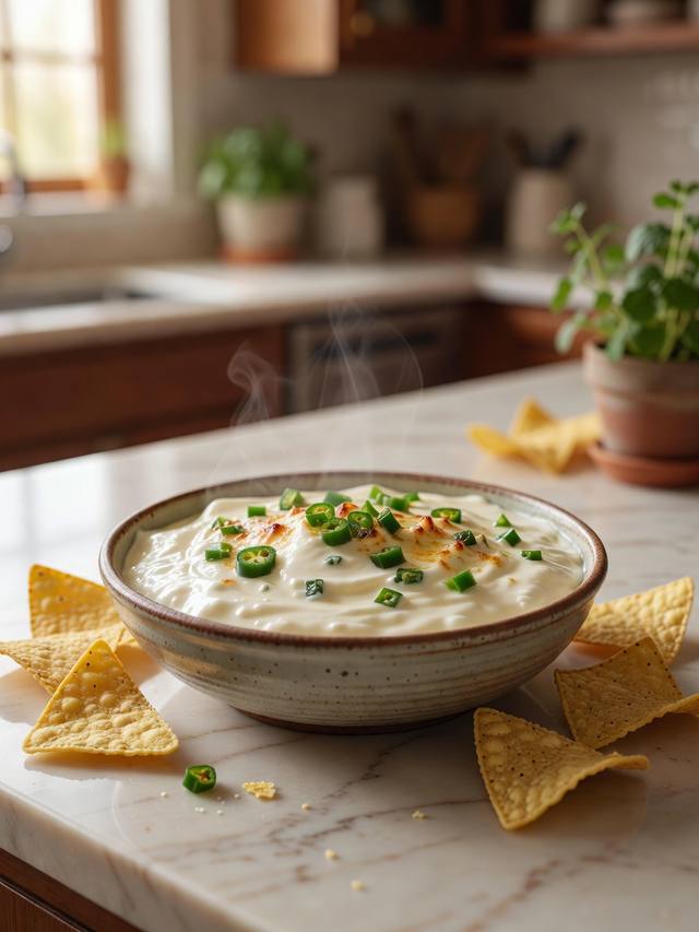 Smooth white queso dip in a bowl with green chiles, served with tortilla chips