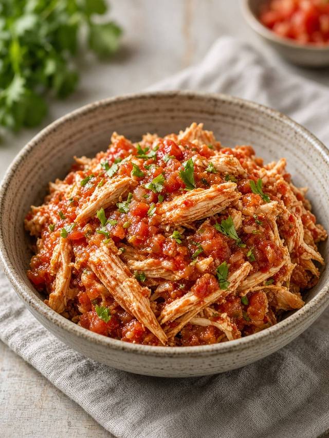 Shredded salsa chicken in a slow cooker.