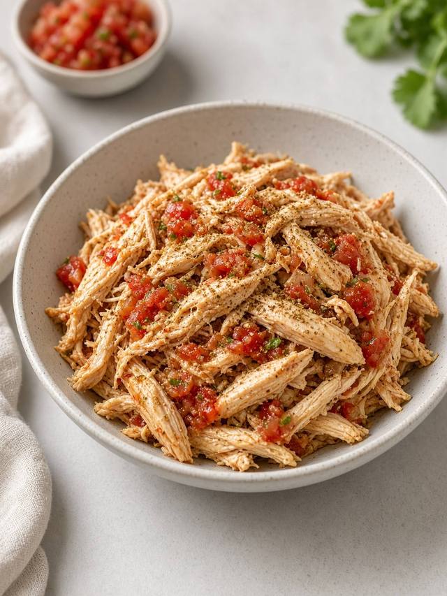 Shredded chicken in a slow cooker with salsa.