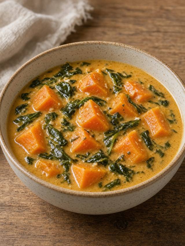Bowl of orange sweet potato coconut stew with chickpeas