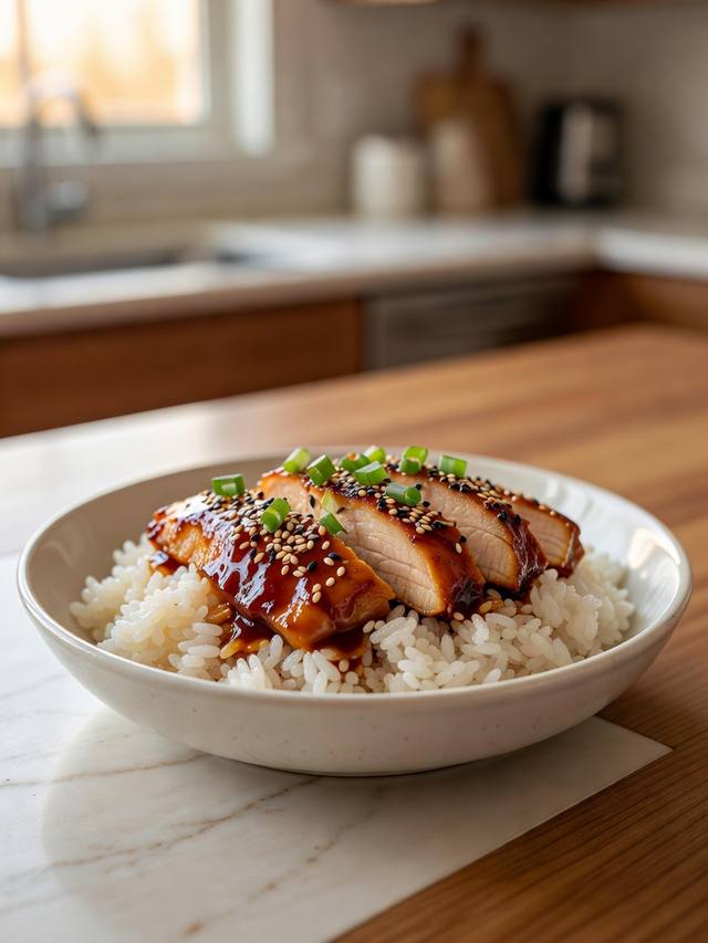 Sliced teriyaki chicken in a glossy sauce over rice with sesame seeds and green onion
