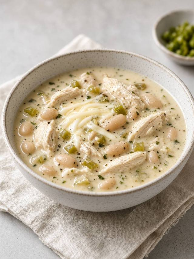 A bowl of white chicken chili with beans and green chiles.
