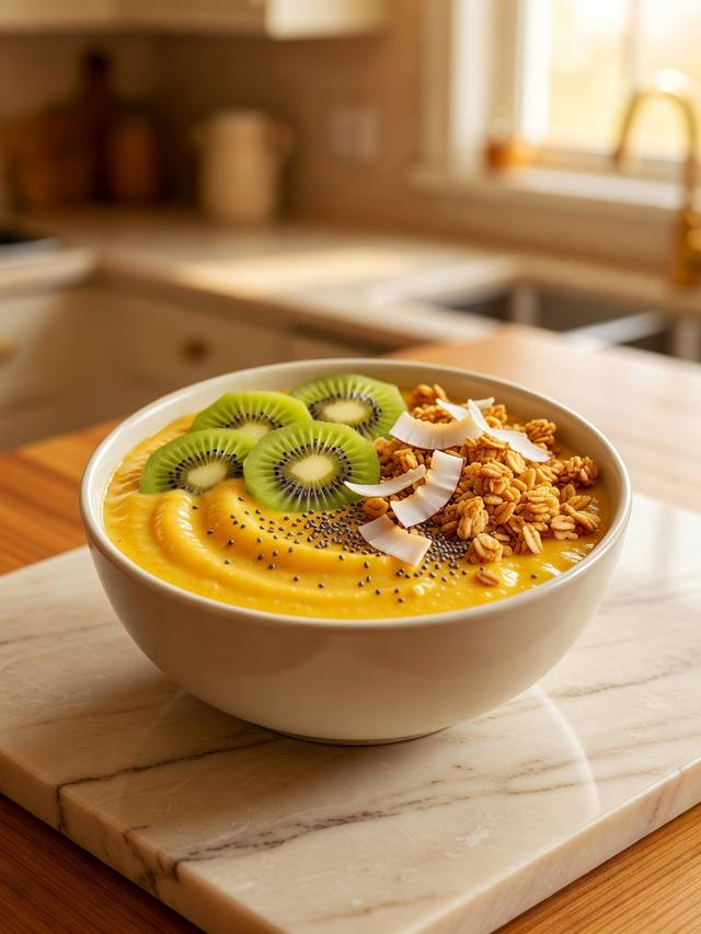 Thick yellow-orange smoothie bowl topped with kiwi slices, granola, coconut, and chia seeds