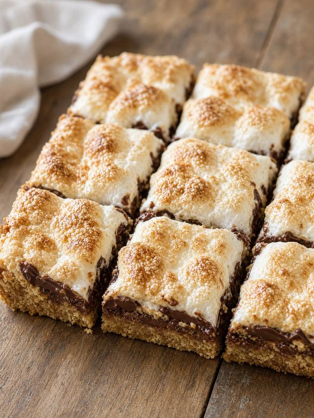 S'mores bars with toasted marshmallow and melted chocolate on a graham crust