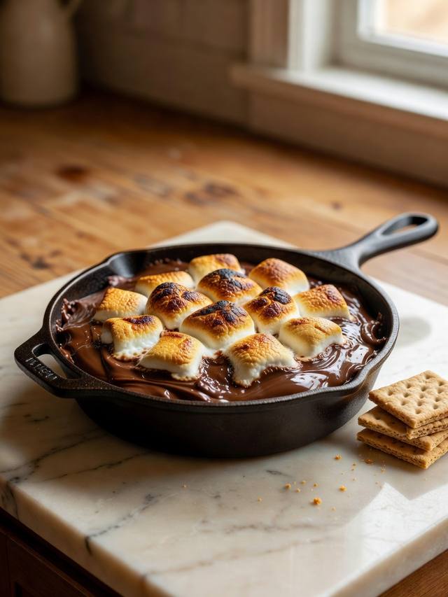 Skillet of melted chocolate covered with toasted marshmallows, graham crackers beside the pan