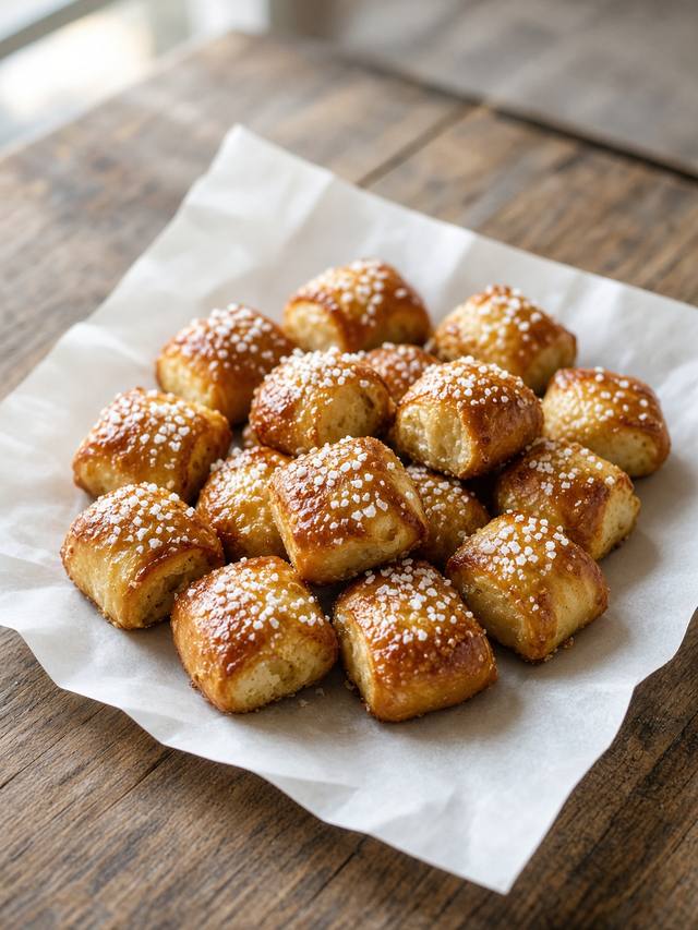 Golden soft pretzel bites with coarse salt on a parchment-lined tray