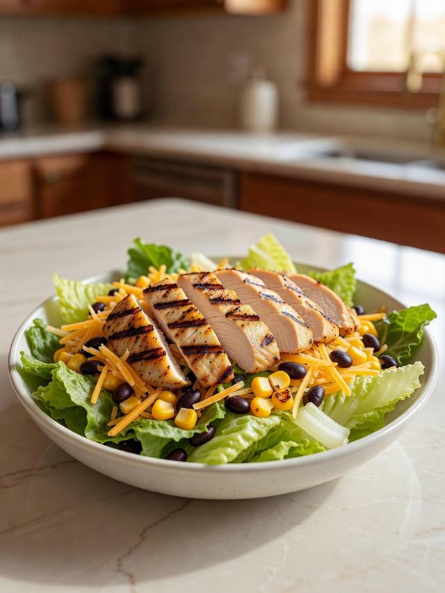 Southwest salad with grilled chicken, corn, black beans, cheddar, and romaine