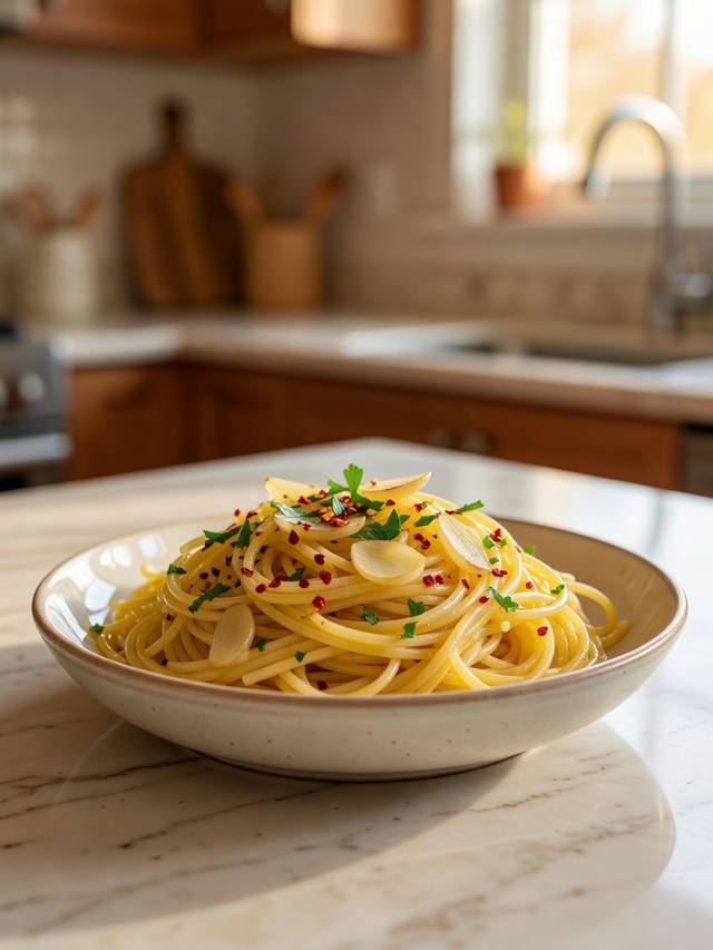 Spaghetti glossed with olive oil, garlic slices, chili flakes, and parsley