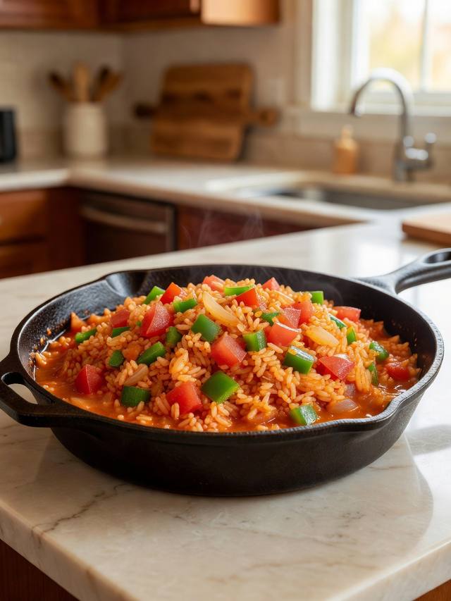 Skillet of red Spanish rice with tomato, onion, and green pepper