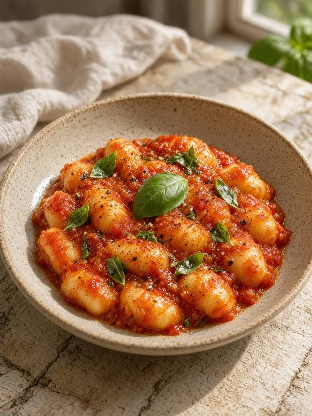 Gnocchi in a bright tomato sauce with basil and parmesan.
