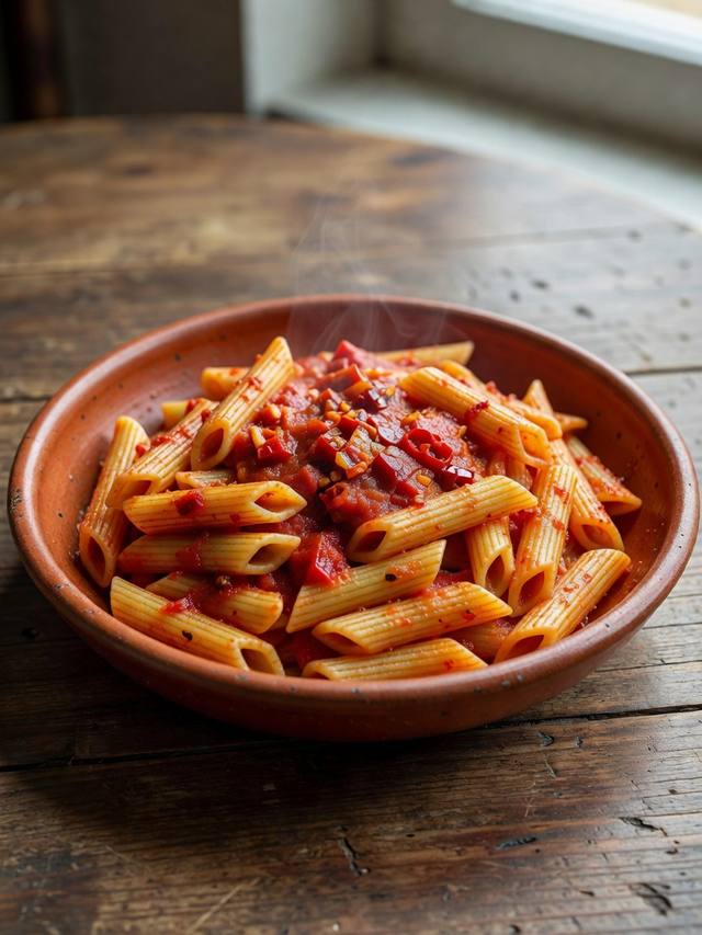 Penne in red arrabbiata sauce with visible chili flakes and parsley