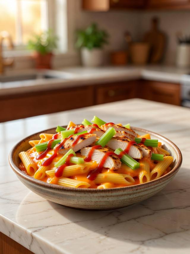 Penne in an orange cheese sauce with sliced chicken, celery, and a hot-sauce drizzle
