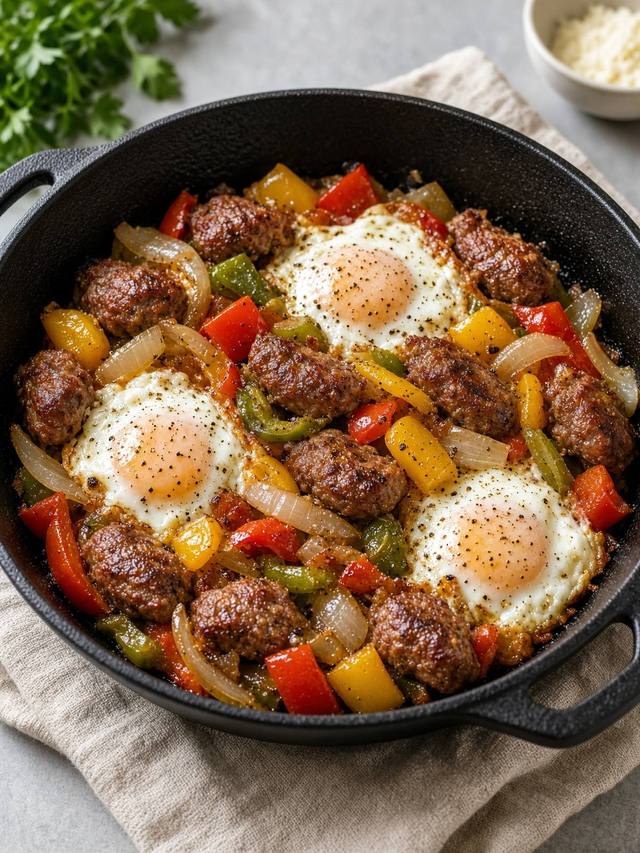 Sausage, peppers, and eggs in a cast-iron skillet.