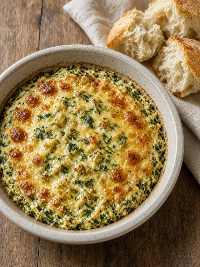 Hot spinach artichoke dip in a baking dish with a golden cheese top