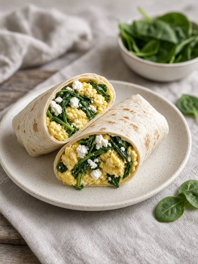 A breakfast wrap cut open to show eggs, spinach, and feta.