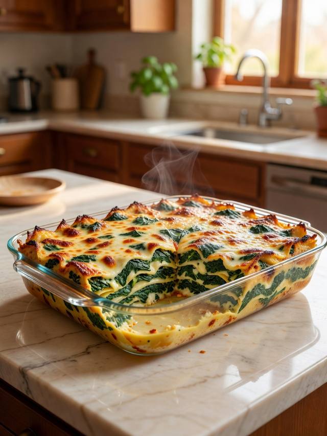 Baking dish of spinach lasagna with a browned cheese top and a cut square showing green layers