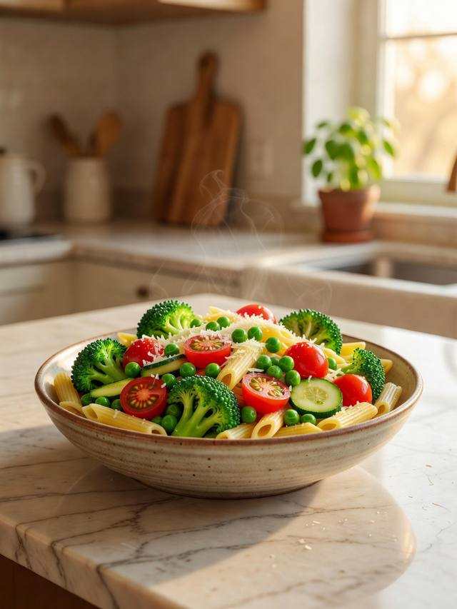 Penne with broccoli, peas, zucchini, and cherry tomatoes tossed with Parmesan