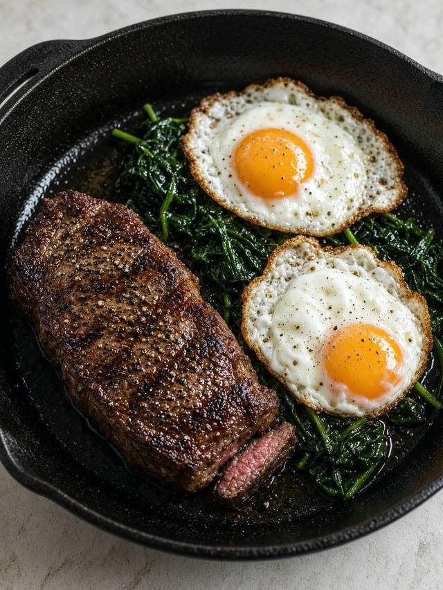 Steak, eggs, and spinach in a skillet.