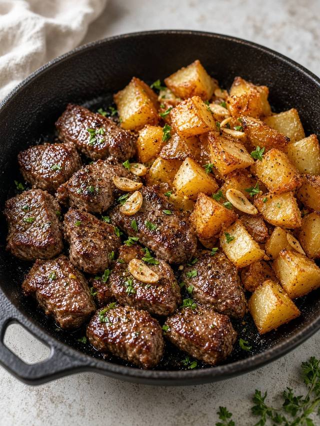 Steak bites and crispy diced potatoes in a skillet.