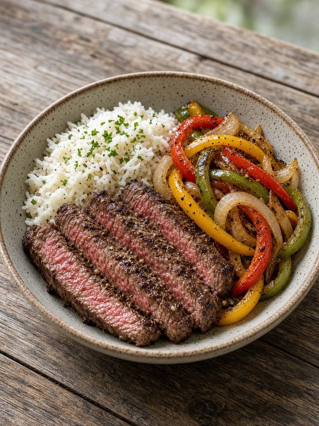 Steak fajita bowl with sliced steak, peppers, onion, and rice