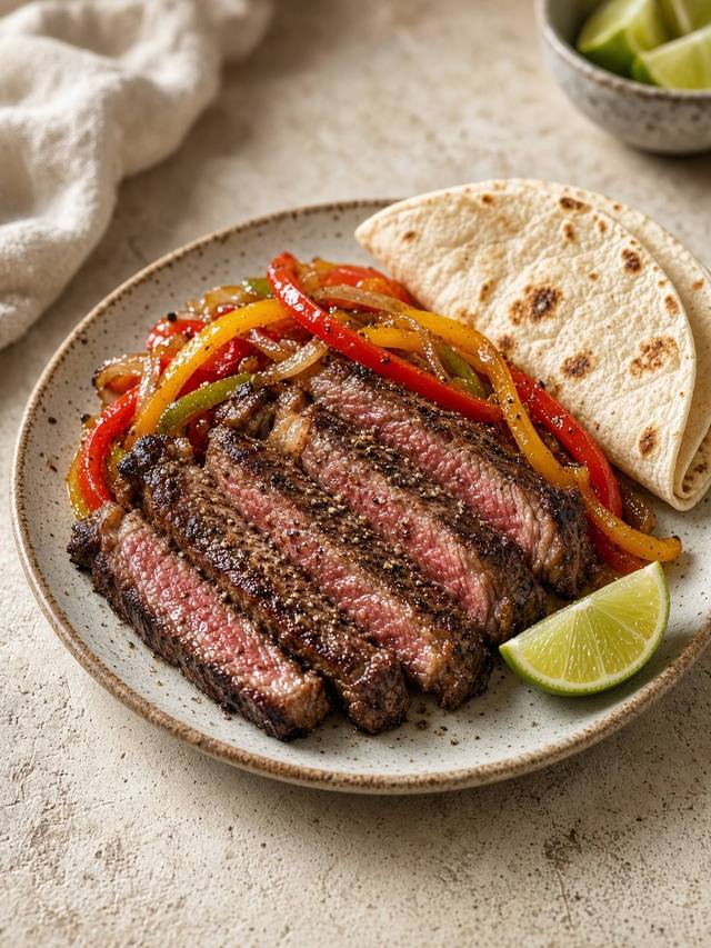 Sliced steak with peppers and onions, warm tortillas, and lime.