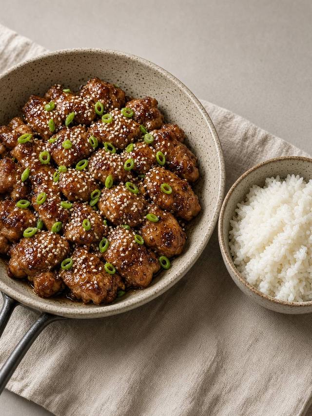 Chicken pieces in a dark sticky ginger glaze with sesame seeds, beside rice.