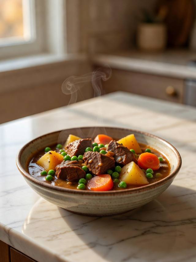 Bowl of beef stew with potatoes, carrots, and peas in brown gravy