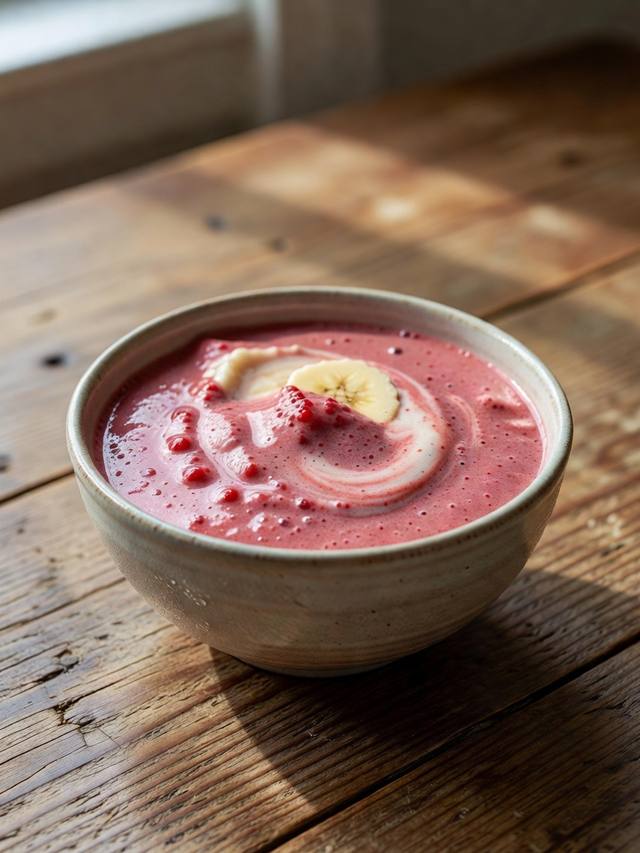 Pink strawberry banana smoothie in a clear glass with a straw