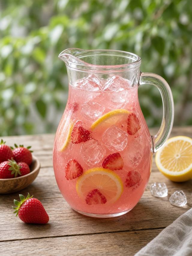 Pitcher of pink strawberry lemonade with lemon slices and ice