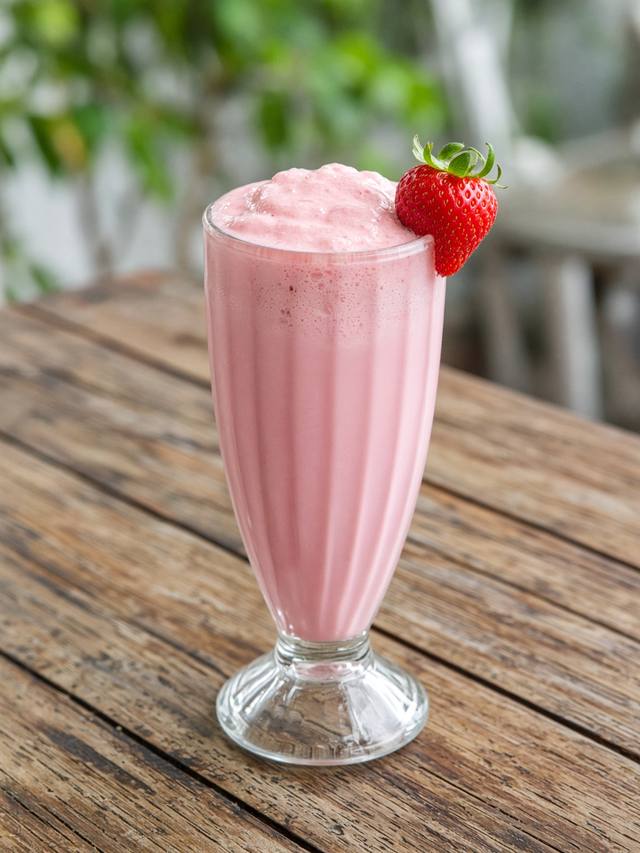 Thick pink strawberry milkshake in a tall glass with a strawberry on the rim