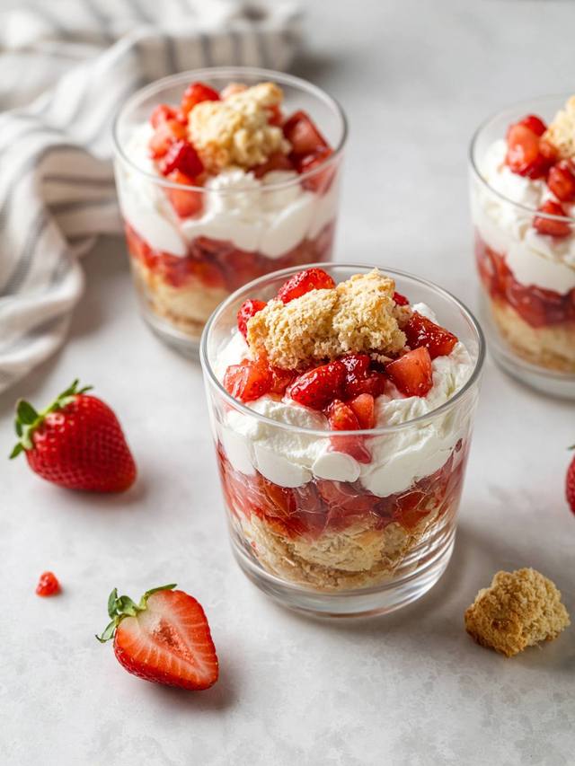 Strawberry shortcake in a cup with biscuits and cream.