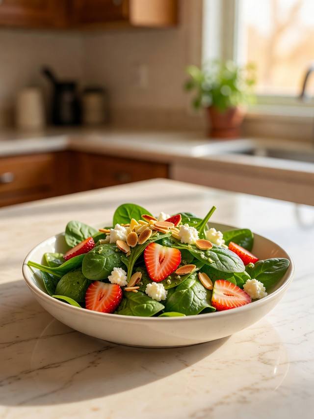 Spinach salad with sliced strawberries, goat cheese, and toasted almonds