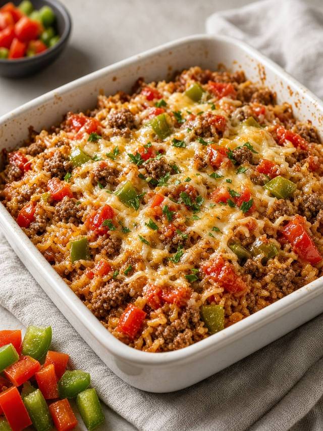 A baking dish of tomato-tinted rice and crumbled beef studded with chopped red and green peppers, the surface covered with melted mozzarella.