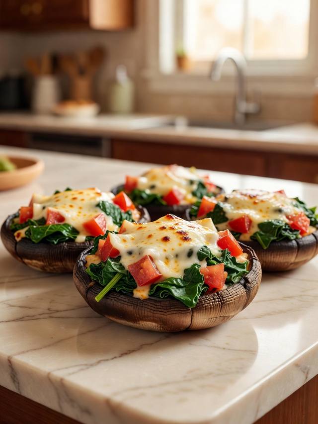 Baked portobello caps stuffed with spinach, tomato, and melted mozzarella