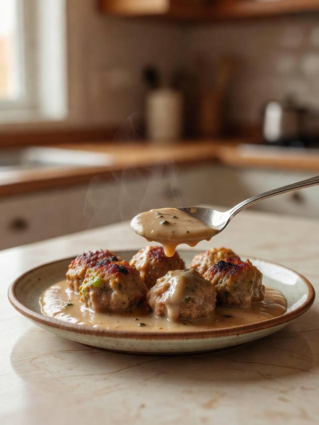 Browned meatballs in a pale brown gravy on a plate with a spoon of sauce