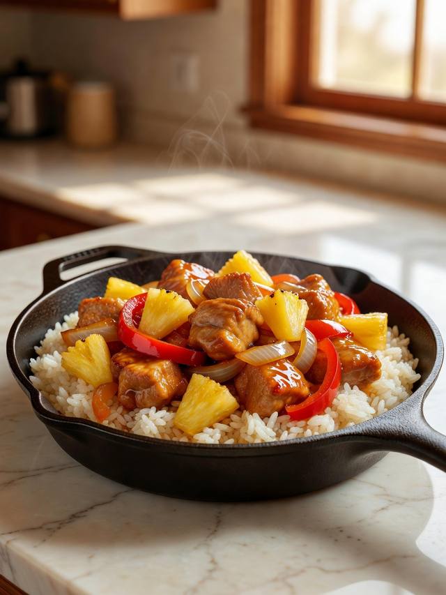 Skillet of sweet and sour pork with pineapple, red pepper, and onion over rice