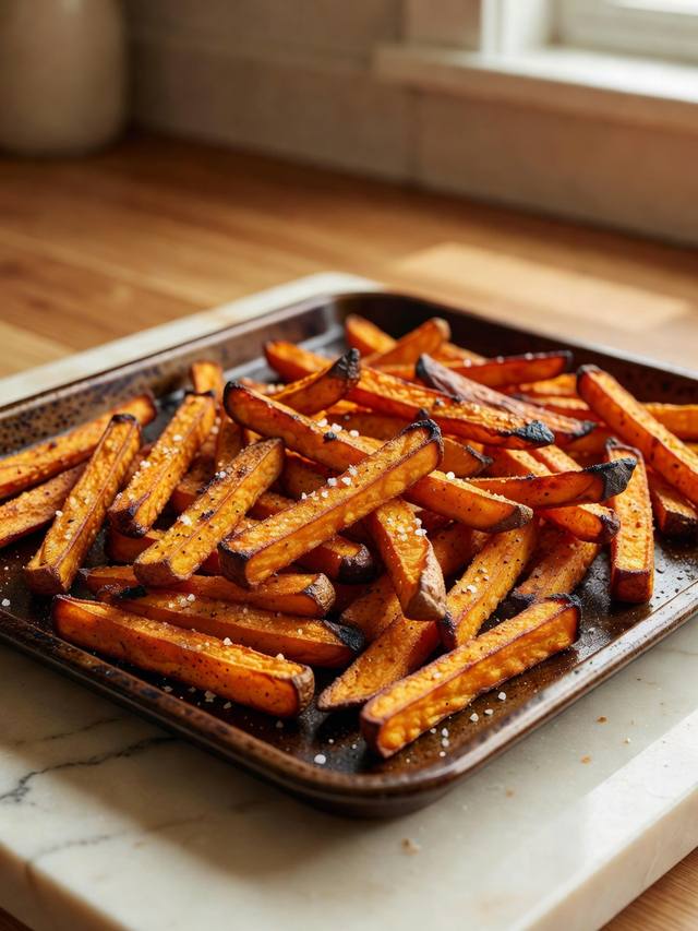 Seasoned sweet potato fries with browned edges spread on a sheet pan