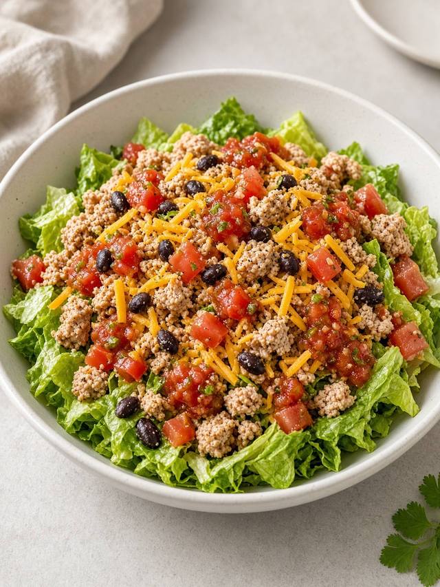 Turkey taco salad with romaine, tomato, and cheddar.