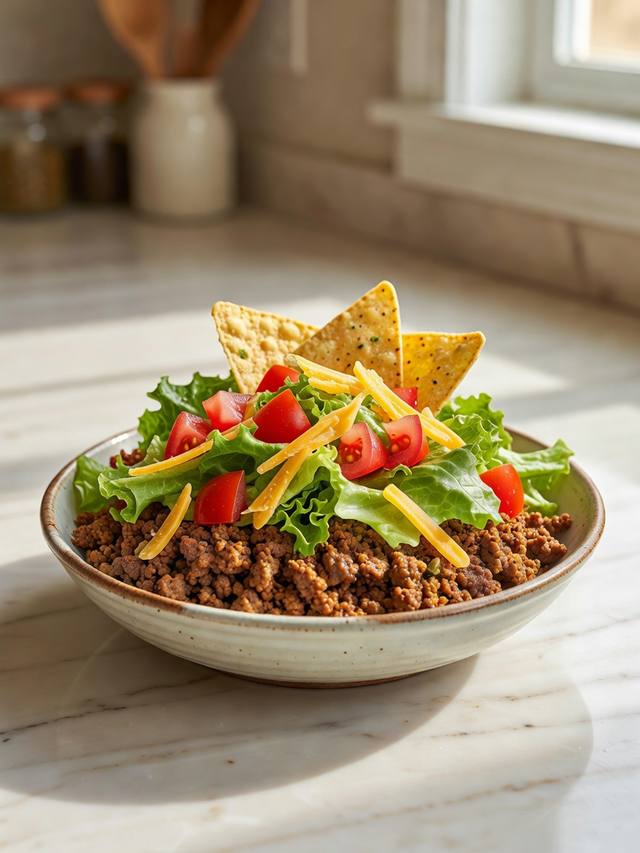 Taco salad in a bowl with seasoned ground beef, lettuce, tomato, cheddar, and tortilla chips