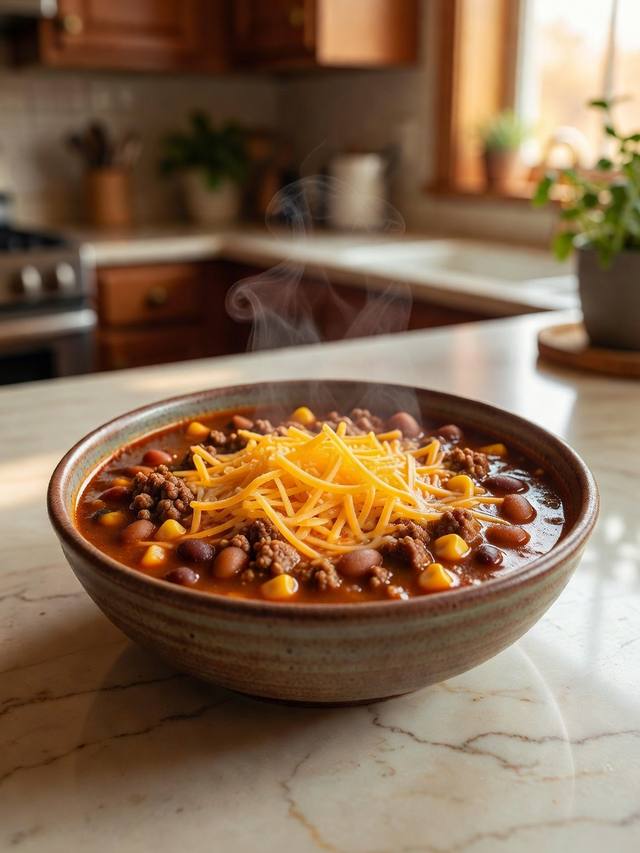 Bowl of taco soup with ground beef, beans, corn, and shredded cheddar