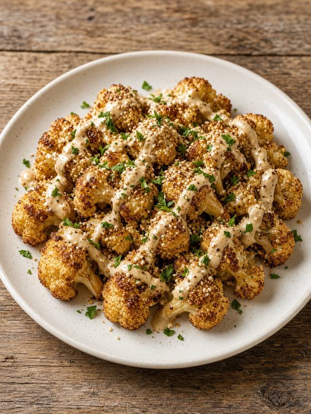 Roasted cauliflower steaks drizzled with tahini sauce and parsley