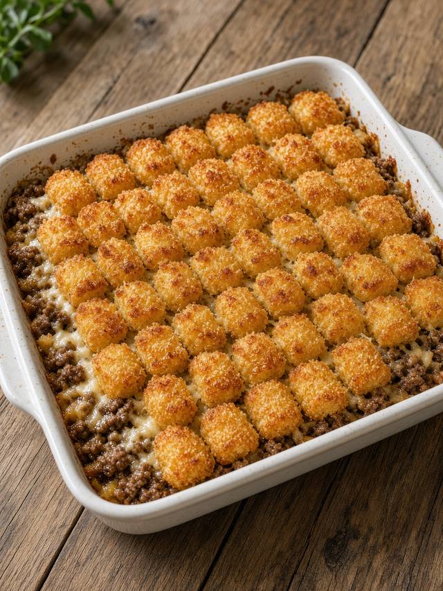 Tater tot casserole with a golden tot crust and a beef and cheese filling