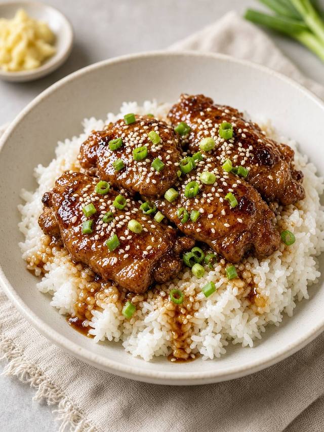 Teriyaki chicken thighs over rice with scallions.