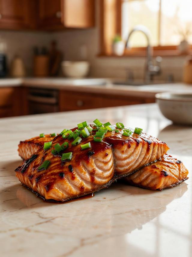 Roasted salmon fillets coated in a glossy teriyaki glaze with scallions