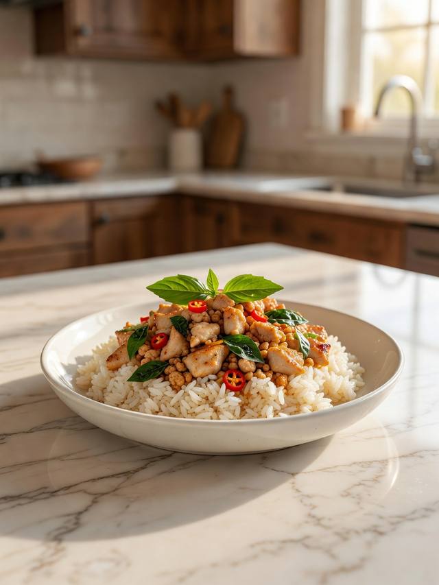 Minced chicken stir-fry with Thai basil and red chiles over steamed rice