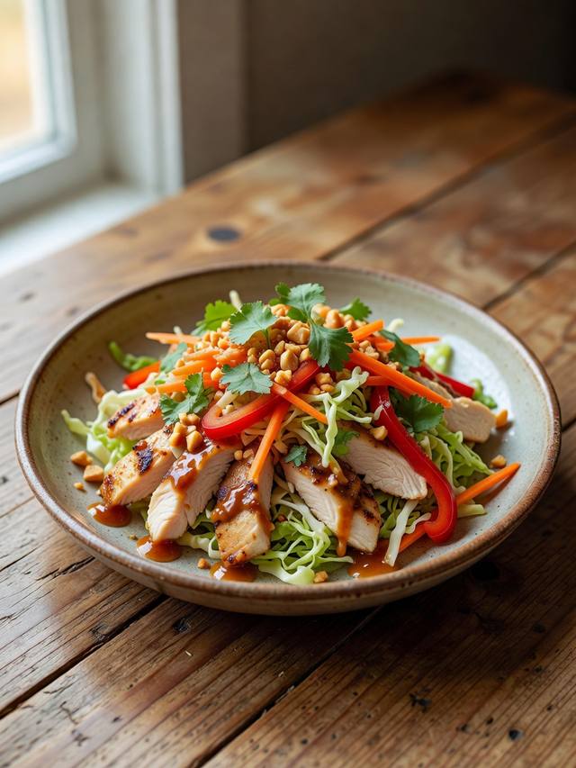 Thai peanut chicken salad with shredded cabbage and chopped peanuts