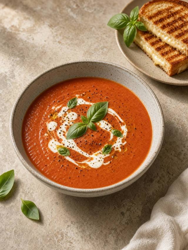 A bowl of smooth tomato basil soup with a corner of grilled cheese and basil.